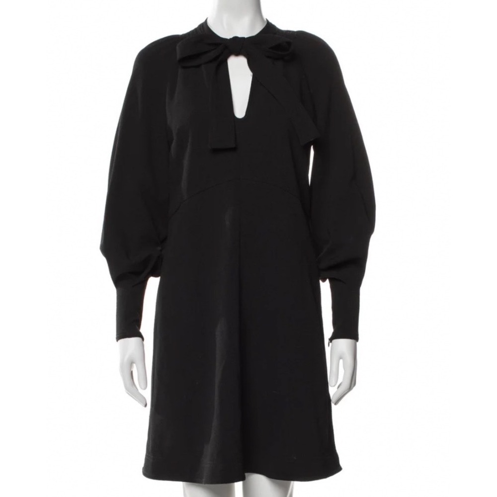 See By Chloe Black Bow Tie Neck Long Sleeve Mini Dress Size 38 Smocked Shoulder